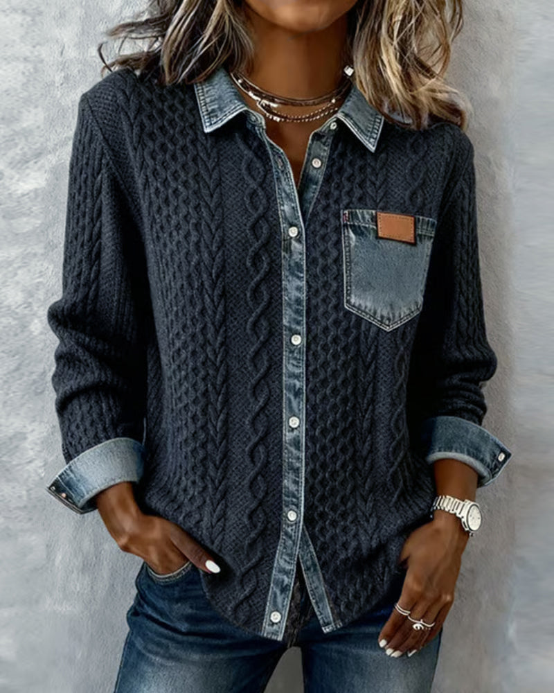 Camisa de Manga Larga con Parches de Denim
