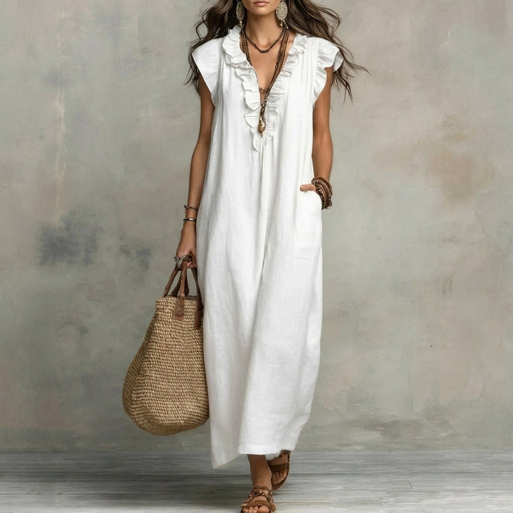 Josefina™  | Vestido largo con textura de lino con escote en pico y volantes